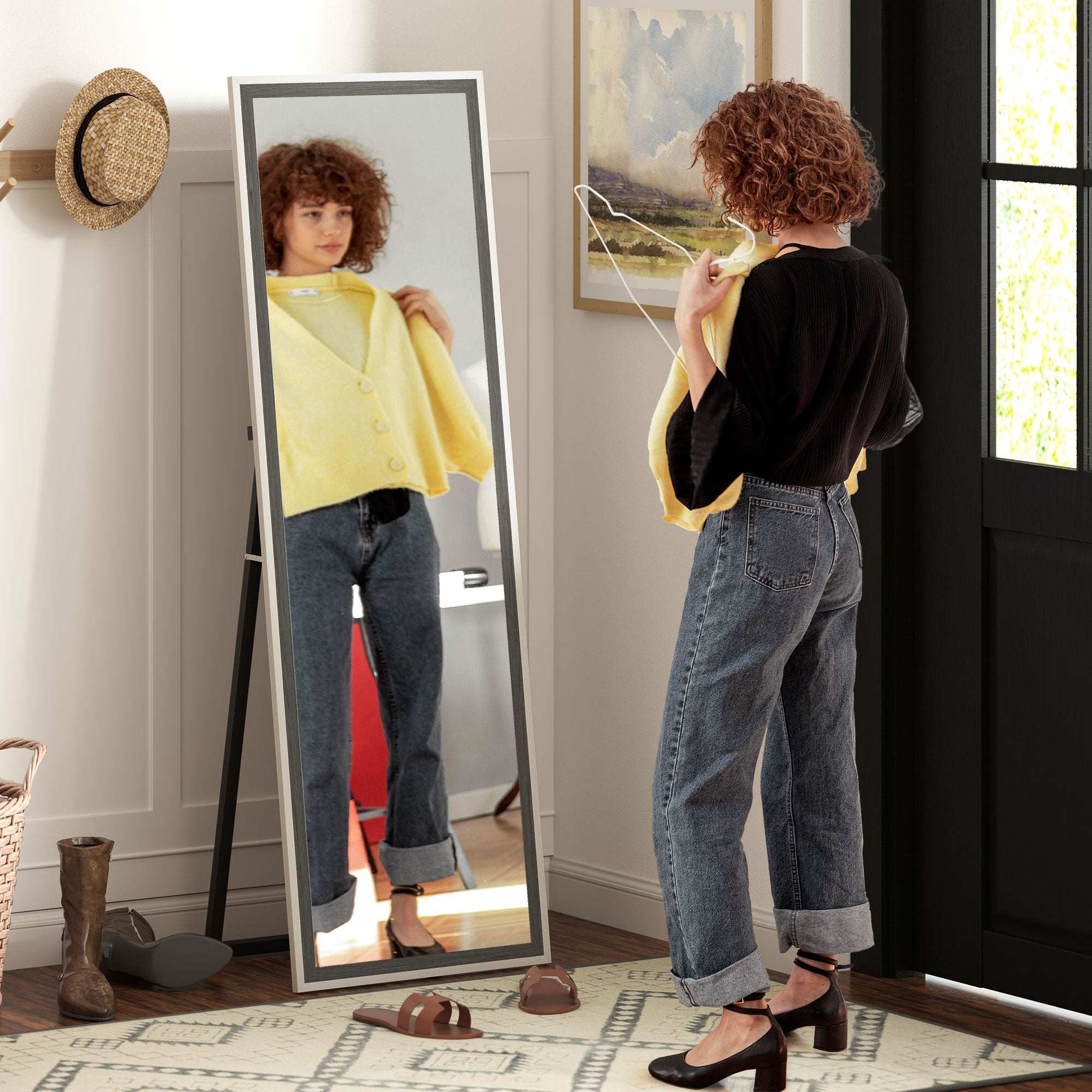 HOMCOM 162.6 cm Two-Tone Full Length Mirror - White/Grey-Tone